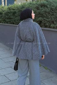 Lamelif Düğmeli Kemerli Panço Gri