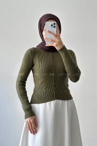 Lamelif Fitilli Düğmeli Hırka Haki