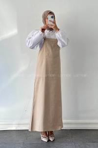 Lamelif Kanguru Cepli Tesettür Elbise Krem