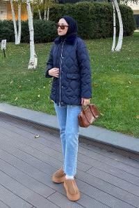 Navy Blue Normal Neck Long Arm Coat