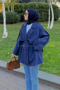 Lamelif Omuz Apoletli Kısa Trençkot Lacivert