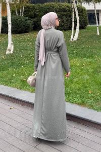 Lamelif Taş Detaylı Tesettür Elbise Haki