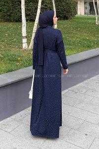 Lamelif Taş Detaylı Tesettür Elbise Lacivert