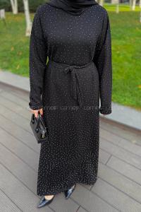 Lamelif Taş Detaylı Tesettür Elbise Siyah