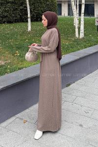 Lamelif Taş Detaylı Tesettür Elbise Soft Kahve