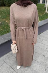 Lamelif Taş Detaylı Tesettür Elbise Soft Kahve