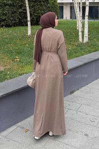 Lamelif Taş Detaylı Tesettür Elbise Soft Kahve