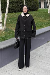 Black Shirt Collar Long Arm Cotton Jacket