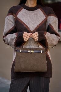 Lamelif Hermez Gold Kemer Detaylı Süet Kadın Çanta Acı Kahve