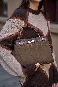 Lamelif Hermez Gold Kemer Detaylı Süet Kadın Çanta Acı Kahve