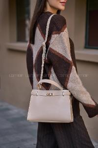 Lamelif Hermez Gold Kemer Detaylı Süet Kadın Çanta Krem