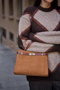 Lamelif Hermez Gold Kemer Detaylı Süet Kadın Çanta Taba