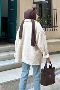 Lamelif Kol Detaylı Fermuarlı Teddy Mont Taş Rengi