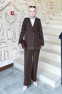 Lamelif Bağlama Detaylı Ceket Takım Acı Kahve