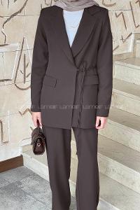 Lamelif Bağlama Detaylı Ceket Takım Acı Kahve