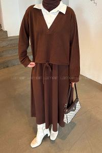 Lamelif Beyaz Yaka Triko Takım Acı Kahve