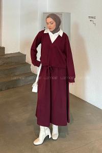 Lamelif Beyaz Yaka Triko Takım Bordo