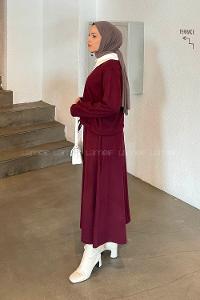 Lamelif Beyaz Yaka Triko Takım Bordo