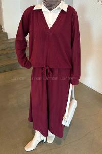 Lamelif Beyaz Yaka Triko Takım Bordo