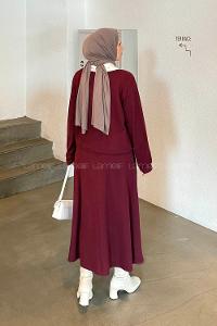 Lamelif Beyaz Yaka Triko Takım Bordo