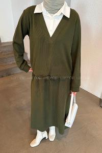 Lamelif Beyaz Yaka Triko Takım Haki