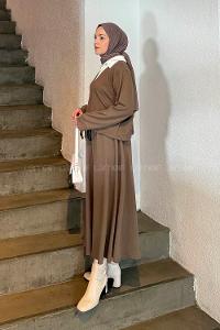 Lamelif Beyaz Yaka Triko Takım Vizonrengi