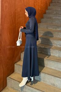 Lamelif Kemerli Scuba Elbise Lacivert