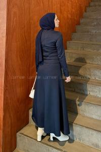 Lamelif Kemerli Scuba Elbise Lacivert