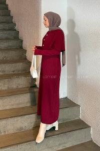 Lamelif Pelerinli Fitilli Elbise Bordo