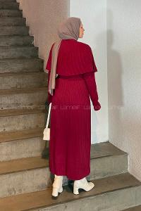 Lamelif Pelerinli Fitilli Elbise Bordo