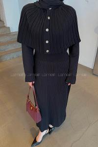 Lamelif Pelerinli Fitilli Elbise Siyah