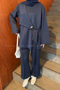 Lamelif Yan Bağlama Detaylı Pantolonlu Takım Lacivert