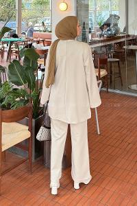 Lamelif Yan Bağlama Detaylı Pantolonlu Takım Taş Rengi