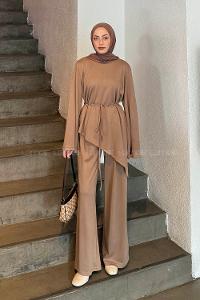 Soft Brown Crew Neck Long Arm Cotton Regular Trousers Comfortable Suit