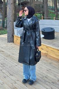 Lamelif Bağlama Detaylı Deri Mont Siyah