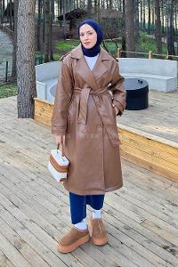 Lamelif Bağlama Detaylı Deri Mont Taba
