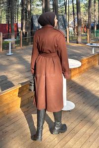 Lamelif Bağlama Detaylı Kaşe Kaban Acı Kahve