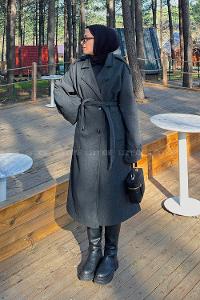 Lamelif Bağlama Detaylı Kaşe Kaban Antrasit