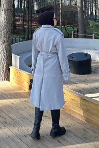 Lamelif Bağlama Detaylı Kaşe Kaban Gri