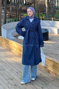 Lamelif Bağlama Detaylı Kaşe Kaban Lacivert