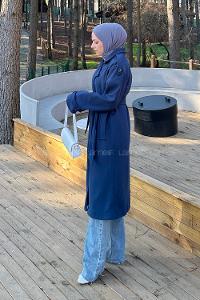 Lamelif Bağlama Detaylı Kaşe Kaban Lacivert