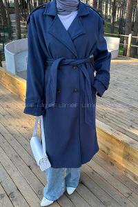 Lamelif Bağlama Detaylı Kaşe Kaban Lacivert