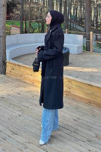 Lamelif Bağlama Detaylı Kaşe Kaban Siyah