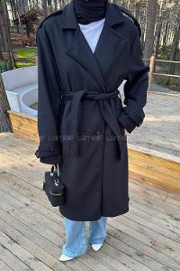 Lamelif Bağlama Detaylı Kaşe Kaban Siyah