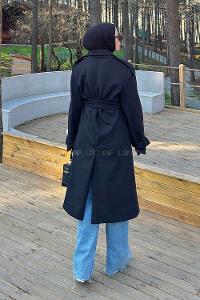 Lamelif Bağlama Detaylı Kaşe Kaban Siyah