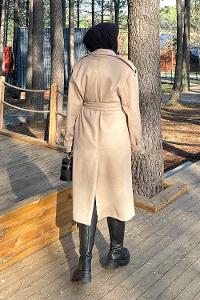 Lamelif Bağlama Detaylı Kaşe Kaban Taş Rengi