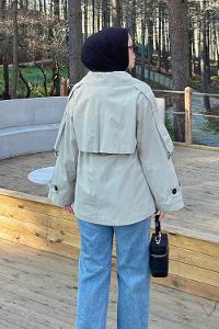 Beige Long Arm Polyester Trench Coat