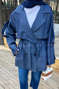 Lamelif Bağlama Detaylı Trençkot Kot Mavisi