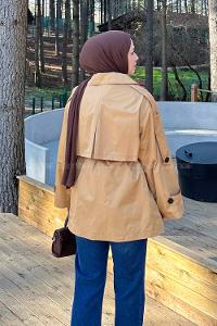 Lamelif Bağlama Detaylı Trençkot Taba