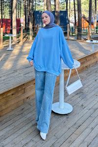 Lamelif Balon Kol Yaka Ve Etek Ucu Manşetli Bol Sweat Bebe Mavisi